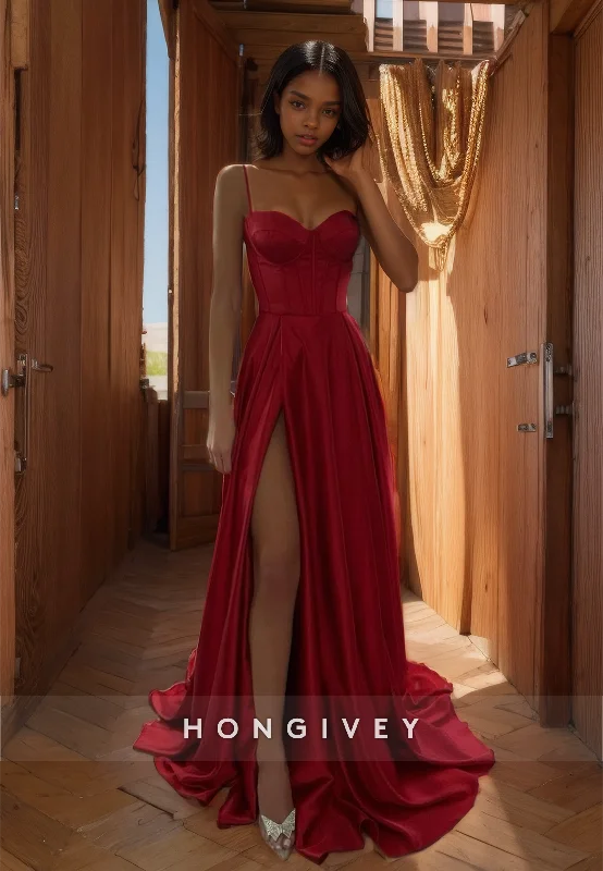 Evening dress with ruffled hem-Sexy Red Evening Dress with High Side Slit A-Line Straps Prom Gown