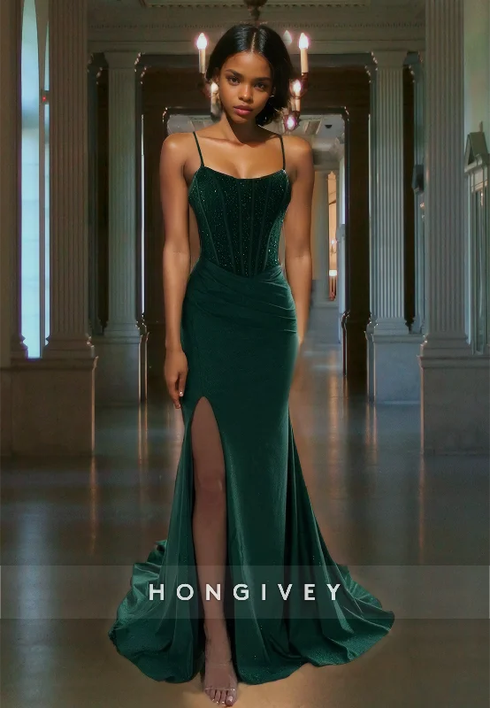 Evening dress with ruching-Glitter Dark Green Satin Sheath Evening Dress Elegant Formal Prom Dress