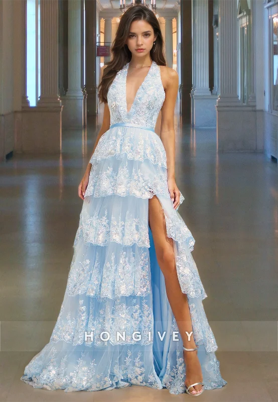 Evening dress with pleated skirt-A-Line Sky Blue Tiered Halter Prom Gown V Neck Backless Lace Party Dresses with High Slit