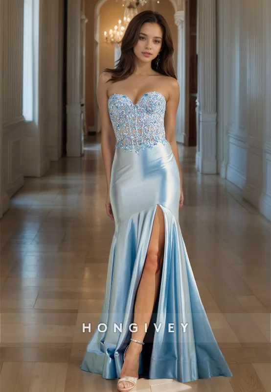 Evening dress with metallic thread-Elegant Satin Sky Blue Sweetheart Prom Gown Mermaid Lace Up Sleeveless Formal Occasion Party Dress