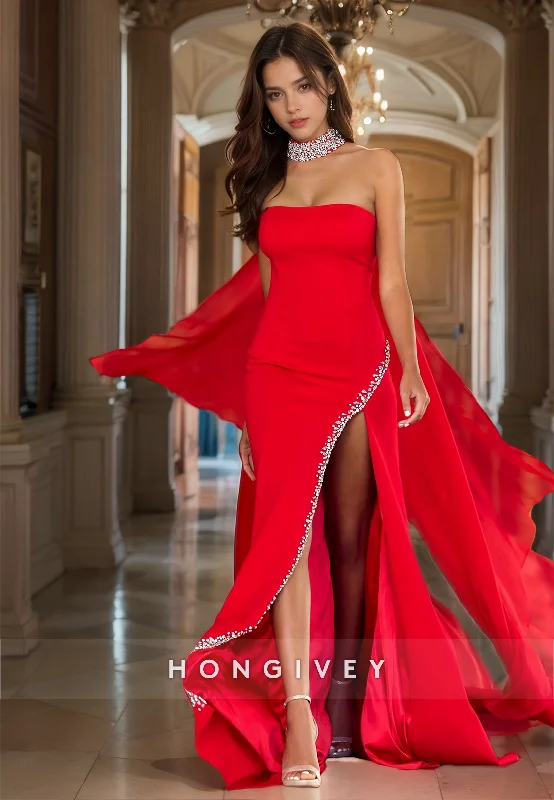 Evening dress with illusion sleeves-Elegant Red Chiffon High Neck Prom Gown Beads Strapless High Slit Party Dress