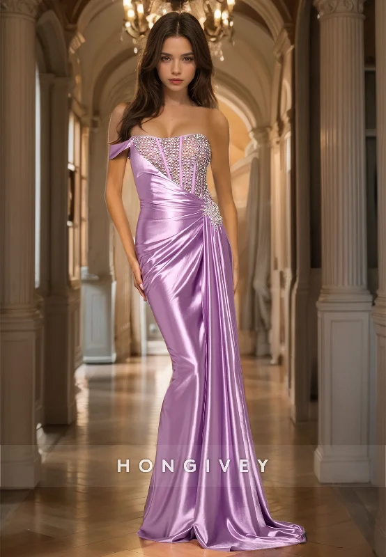 Evening dress with empire waist-Stunning Off-Shoulder Lilac Mermaid Prom Dress Beads Sleeveless Satin Quinceanera Dress