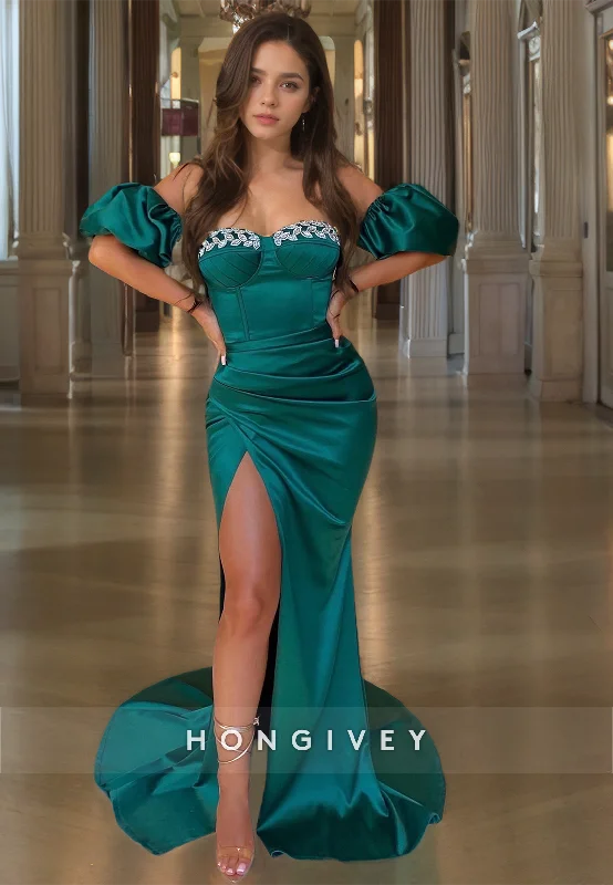 Evening dress with asymmetrical hem-Sweetheart Dark Green Floor Length Party Dress Off-Shoulder Party Dress with High Slit