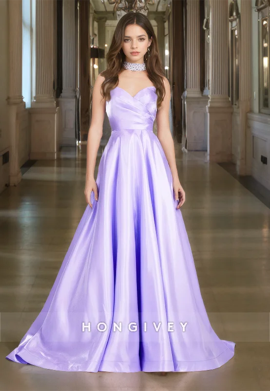 Evening dress with A-line-Graceful Satin Sweetheart Draped A-Line Prom Dress Strapless Floor Length Party Dresses