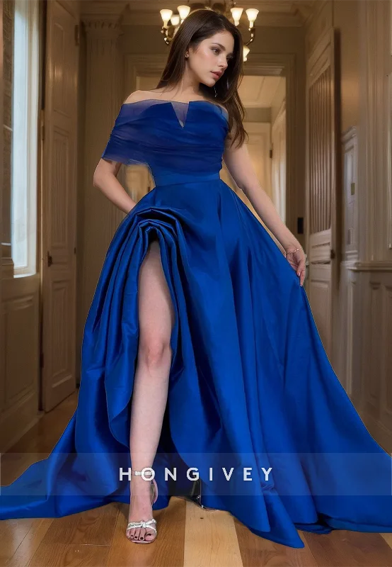 Bohemian evening dress-A-Line Satin Royal Blue Evening Party Gown Off-Shoulder Pleated Elegant Prom Dress with High Slit