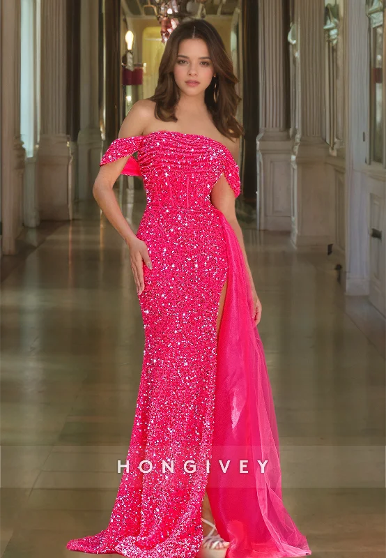 Evening dress with off-shoulder-Fully Beaded Off-Shuolder High Slit With Train Party Evening  Prom Dress