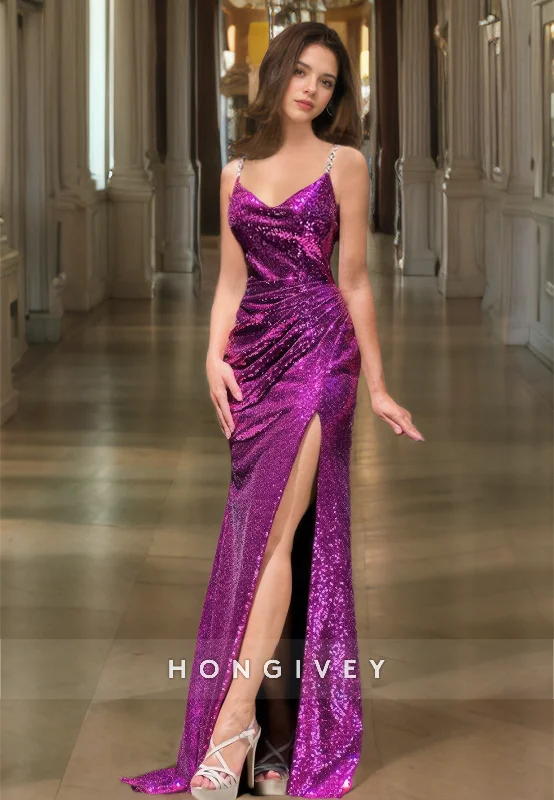 Evening dress with metallic thread-Fully Sequined V-Neck High Slit With Train Party Evening  Prom Dress