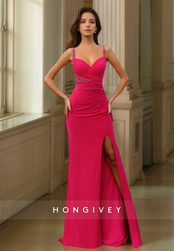 Evening dress with slit-Sexy Satin Fitted Sweetheart Spaghetti Straps Empire Ruched Beaded Party Prom Evening Dress