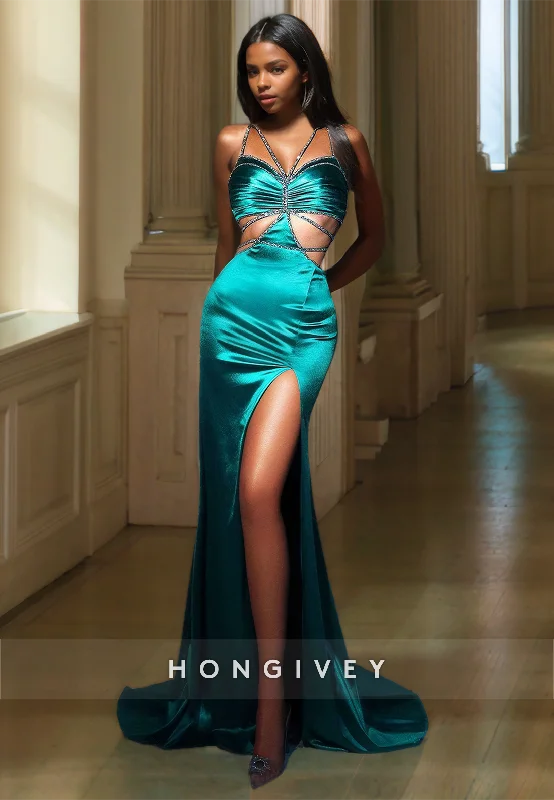 Evening dress with sheer sleeves-Sexy Fitted Satin Halter Spaghetti Straps Illusion Beaded With Side Slit Party Prom Evening Dress