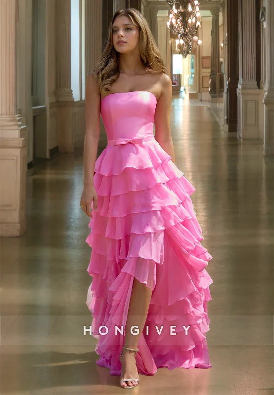 Evening dress with chiffon-HONGIVEY Pink Strapless Tulle A-Line Prom Gown Side Slit Tiered Formal Party Homecoming