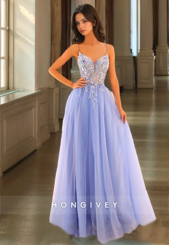 Evening dress with high-low hem-HONGIVEY Sweetheart Tulle Prom dress Straps A-Line Applique Floor-Length Formal Party Gown