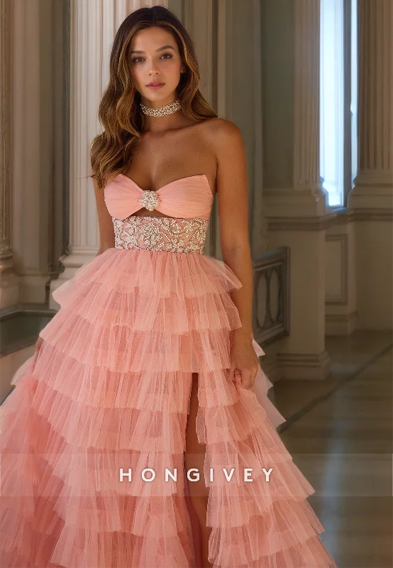 Evening dress with illusion neckline-HONGIVEY Tiered Tulle Empire Waist Prom dress Bow Side Slit Sweetheart Ball Gown