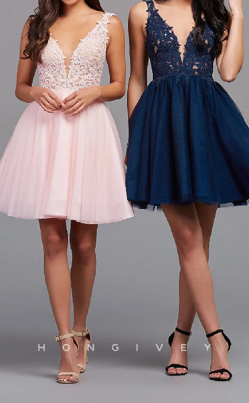 Evening dress with peplum-H1856 - V-Neck Bodice Gown A-Line High Waist Short Homecoming Dress