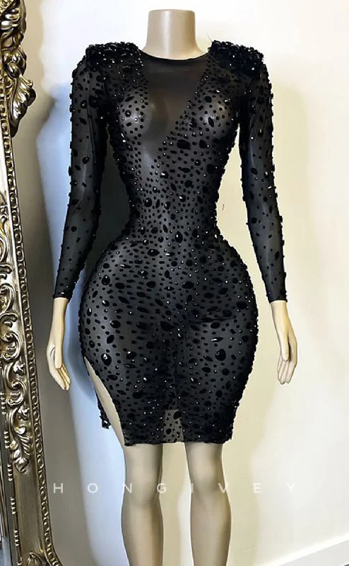 Evening dress with sweetheart neckline-H2007 - Sexy Fitted Sheer Ballgown Round Long Sleeves Fully Beaded Homecoming Dresses For Black Women