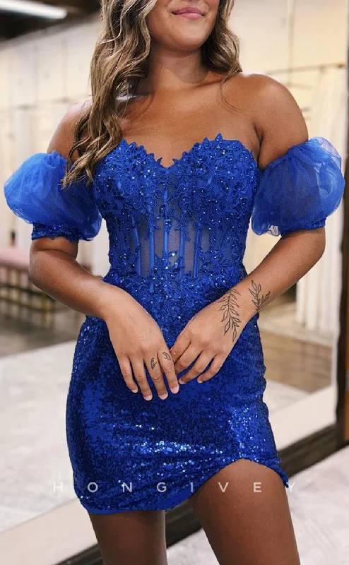 Evening dress with sequined bodice-H2135 - Sexy Fitted Glitter Sweetheart Strapless Puff Sleeves Gown Appliques Party/Homecoming Dress