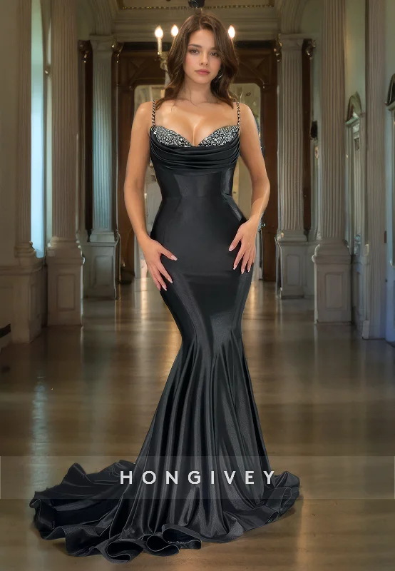 Evening dress with asymmetrical hem-L1020 - Sexy Crystal Beaded Mermaid With Train Formal Party Evening Prom Dress