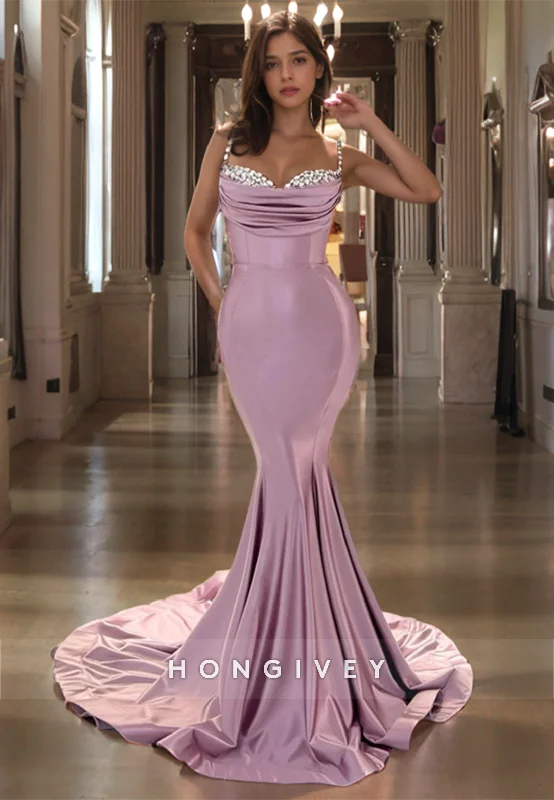 Burgundy evening dress-L1141 - Crystal Beaded Ruched Mermaid With Train Evening Formal Party Prom Dress