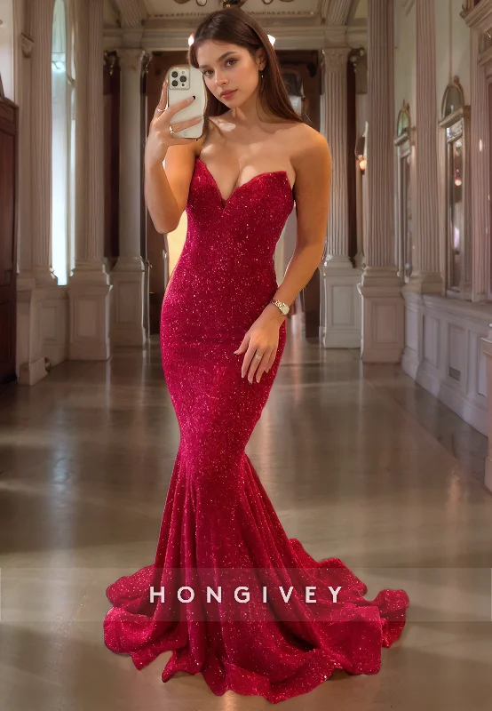 Bohemian evening dress-L1184 - Strapless Fully Sequined Mermaid With Train Evening Formal Party Prom Dress