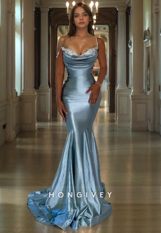 Ivory evening dress-L1229 - Crystal Beaded Mermaid With Train Formal Evening Prom Party Dress