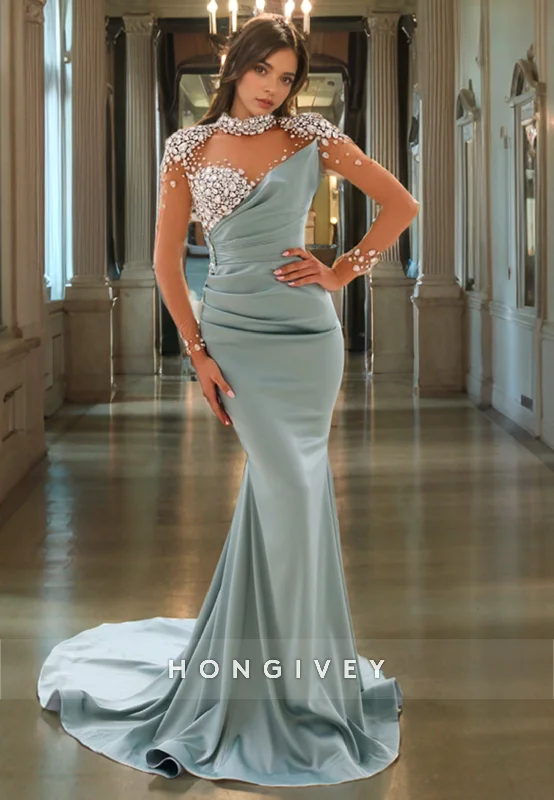 Evening dress with peplum-L1757 - Sexy Satin Fitted Glitter High Neck Illusion Beaded Long Sleeve Ruched Party Prom Evening Dress