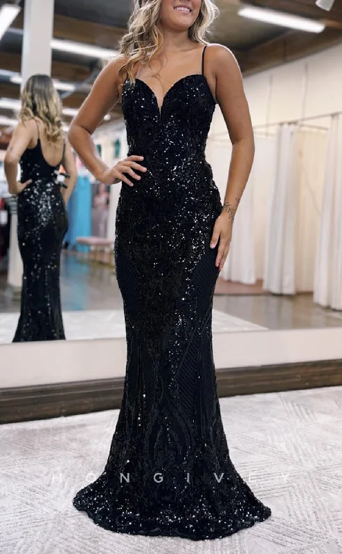 Evening dress with embroidered flowers-L2714 - Glitter Trumpet V-Neck Spaghetti Straps Appliques Party Prom Evening Dress