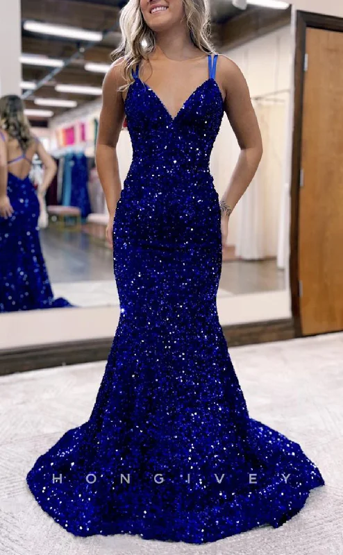 Evening dress with draped bodice-L2716 - Trumpet Fully Sequined V-Neck Spaghetti Straps With Train Party Prom Evening Dress