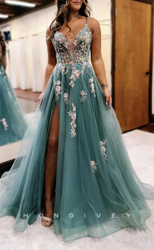 Evening dress with corset bodice-L2719 - Tulle A-Line Sweetheart Spaghetti Straps Appliques With Side Slit Party Prom Evening Dress