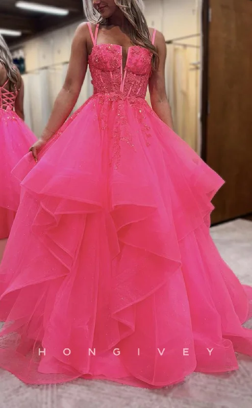 Evening dress with cape-L2720 - Tulle Glitter A-Line Square Spaghetti Straps Appliques Party Prom Evening Dress