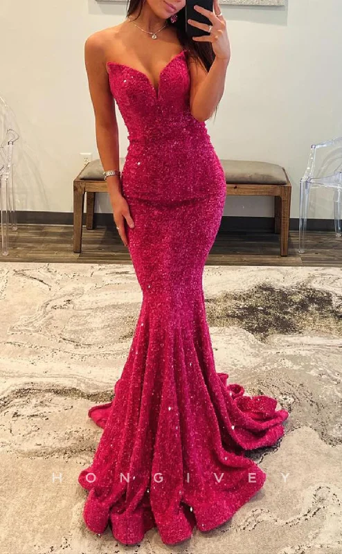 Evening dress with beaded details-L2724 - Sexy Fully Sequined V-Neck Strapless Trumpet Party Prom Evening Dress