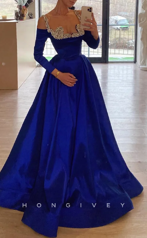 Elegant evening dress-L2737 - Satin A-Line Off-Shoulder Beaded Empire Party Prom Evening Dress