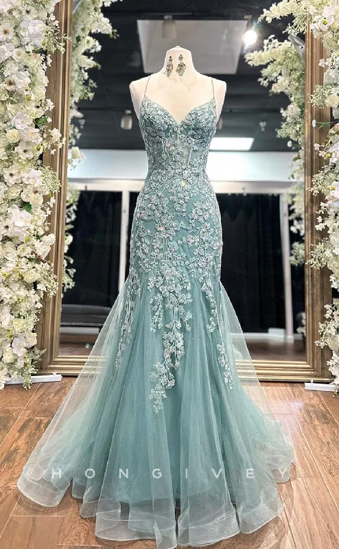 Champagne evening dress-L2739 - Tulle V-Neck Spaghetti Straps Lace Applique With Tulle Train Formal Dress