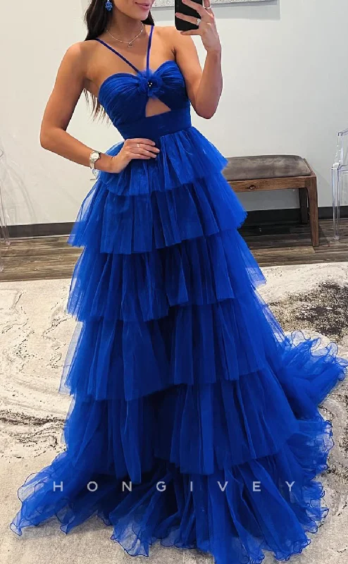 Blue evening dress-L2743 - Tulle A-Line Halter Empire Tiered With Train Party Prom Evening Dress