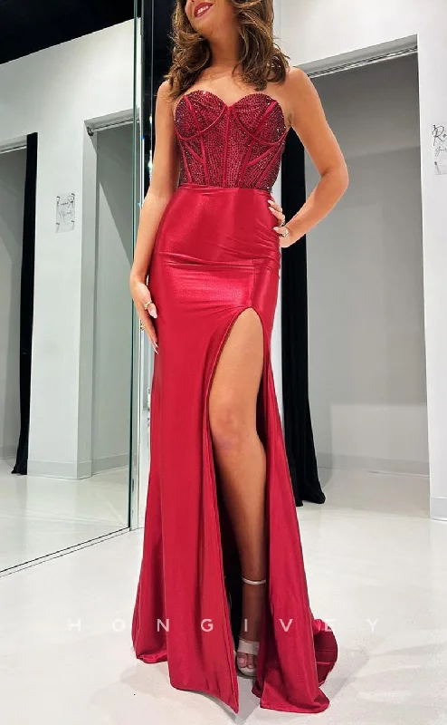 Plus size evening dress-L2751 - Sweetheart Strapless Beaded With Side Slit Fitted Party Prom Evening Dress