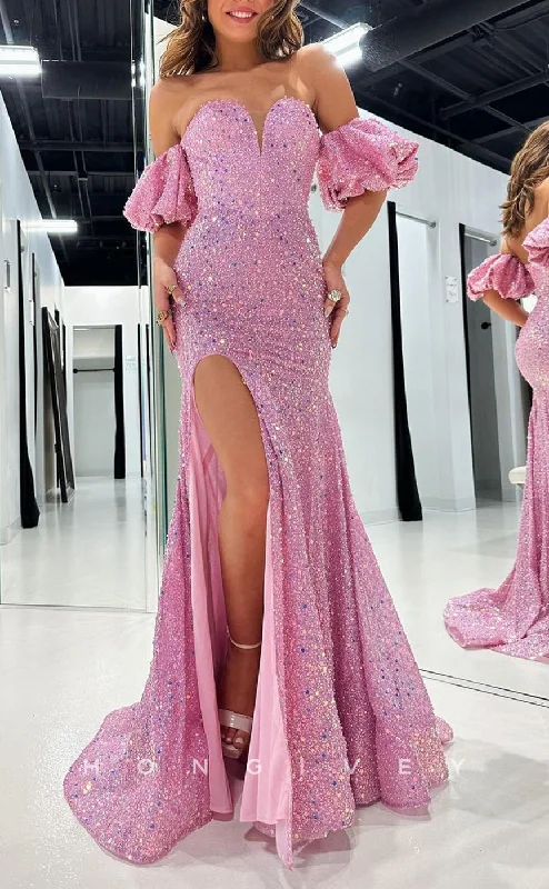 Pink evening dress-L2752 - Glitter Off-Shoulder Puff Sleeves Beaded With Side Slit Party Prom Evening Dress