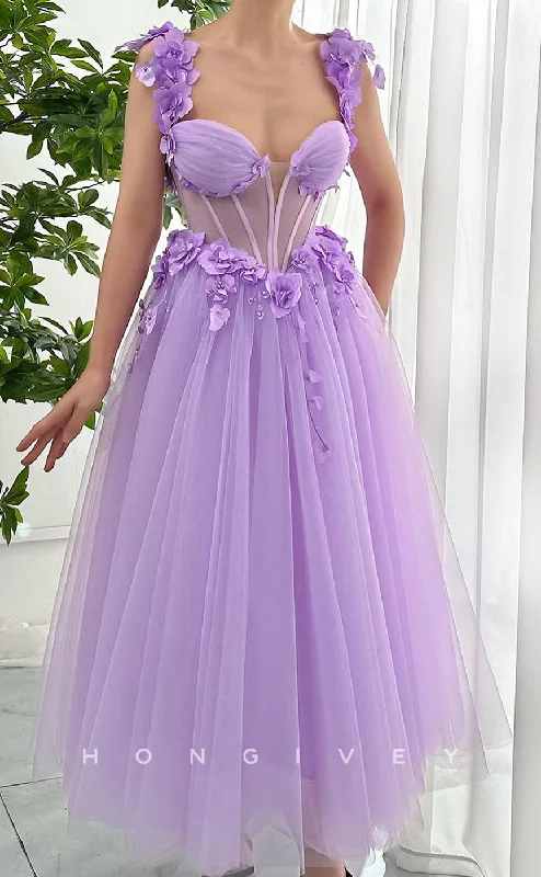 Halter neck evening dress-L2757 -  Tulle A-Line Sweetheart Spaghetti Straps Floral Appliqued Party Prom Evening Dress