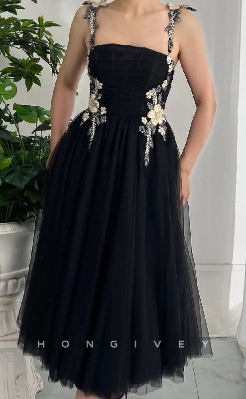 Formal evening dress-L2759 - Tulle A-Line Spaghetti Straps Floral Appliqued Party Prom Evening Dress