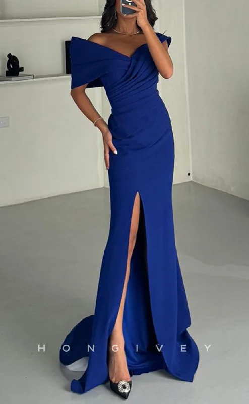 Evening dress with tulle overlay-L2761 - Satin Off-Shoulder Pleats With Side Slit Party Prom Evening Dress