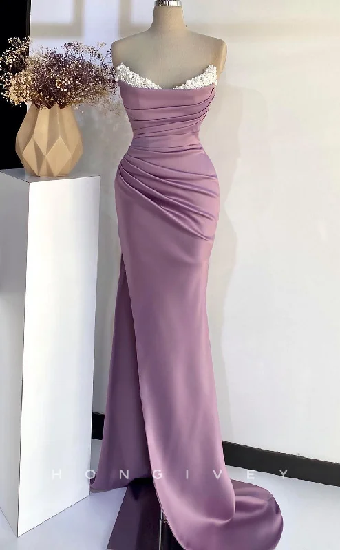 Evening dress with tiered layers-L2763 - Satin V-Neck Strapless Beaded Pleats With Side Slit Party Prom Evening Dress