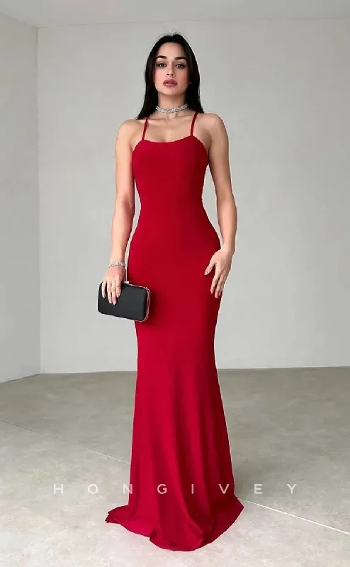 Evening dress with slit-L2766 - Satin Fitted Bateau Spaghetti Straps Lace-Up Party Prom Evening Dress