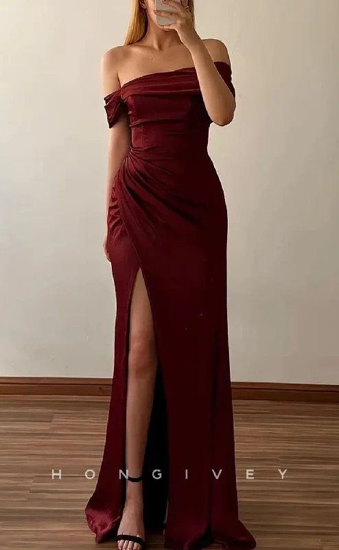 Evening dress with sequins-L2768 - Satin Fitted Off-Shoulder Ruched With Side Slit Party Prom Evening Dress