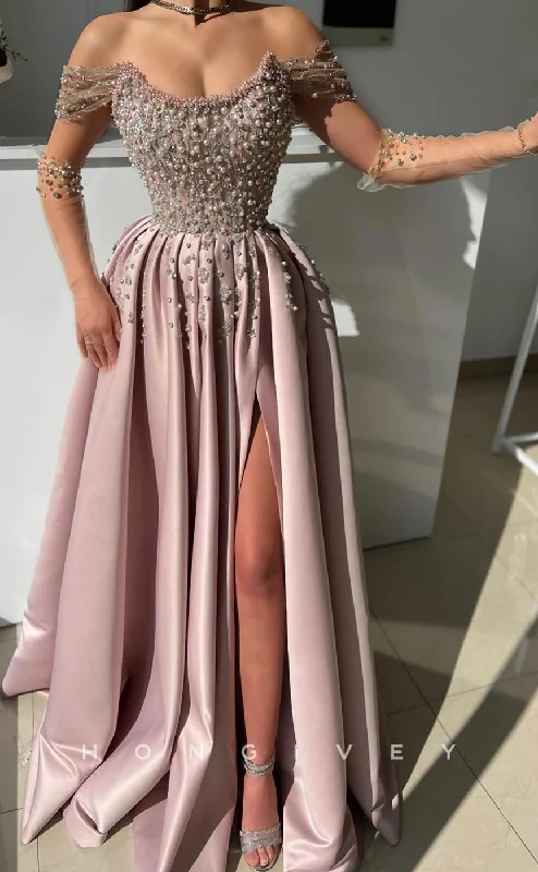 Evening dress with off-shoulder neckline-L2774 - A-Line Off-Shoulder Beaded With Side Slit Party Prom Evening Dress