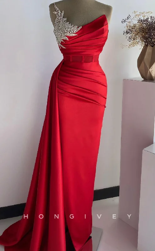 Evening dress with modern design-L2775 - Satin Sheath One Shoulder Ruched Beaded With Side Slit Party Prom Evening Dress