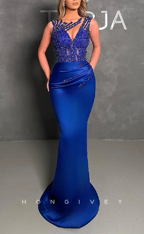 Evening dress with appliqué-L2799 - Satin Round Sleeveless Beaded Pleats Party Prom Evening Dress