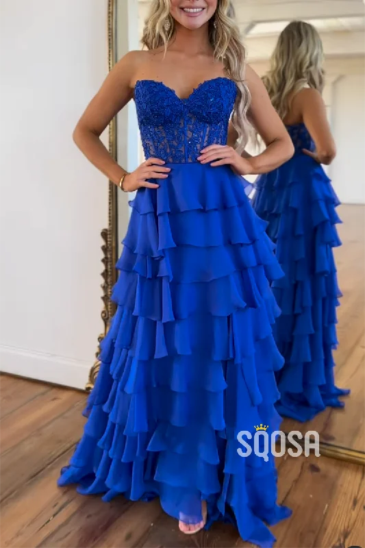 Two-piece evening dress-L2819 - Sweetheart Strapless A-Line Appliques Tiered Party Prom Evening Dress