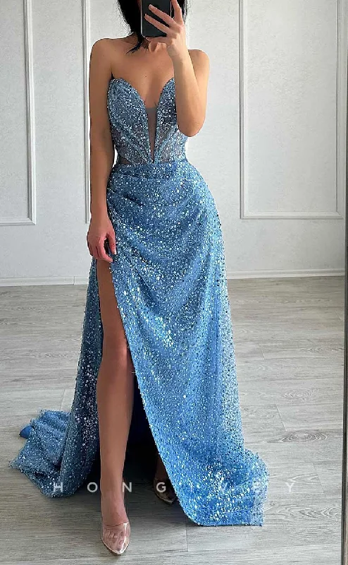 Silver evening dress-L2840 - Sparkly Strapless Ruched With Side Slit Sequined Party Prom Evening Dress