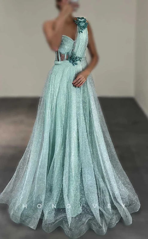 Metallic evening dress-L2845 - One Shoulder Tulle A-Line Glitter Floral Embellished Party Prom Evening Dress