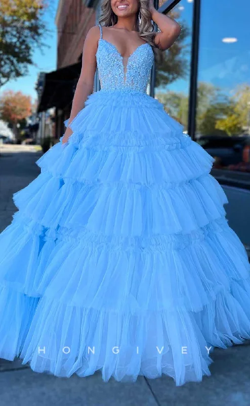 Evening dress with tiered layers-L2851 - V-Neck A-Line Appliques Tiered Tulle Party Prom Evening Dress