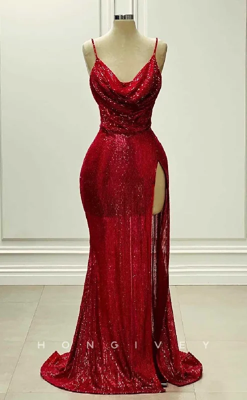 Evening dress with sweetheart neckline-L2853 - Sexy Glitter Asymmetrical Spaghetti Straps Sequined With Side Slit Party Prom Evening Dress