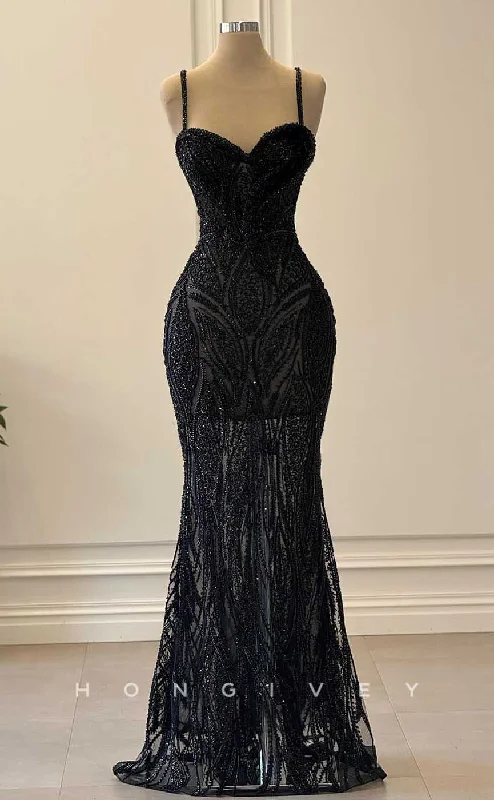 Evening dress with strapless design-L2854 - Sweetheart Spaghetti Straps Beaded Sheer Party Prom Evening Dress