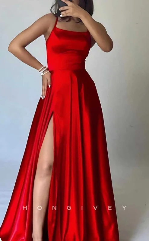 Evening dress with ruching-L2865 - Satin A-Line Bateau Spaghetti Straps With Side Slit Party Prom Evening Dress